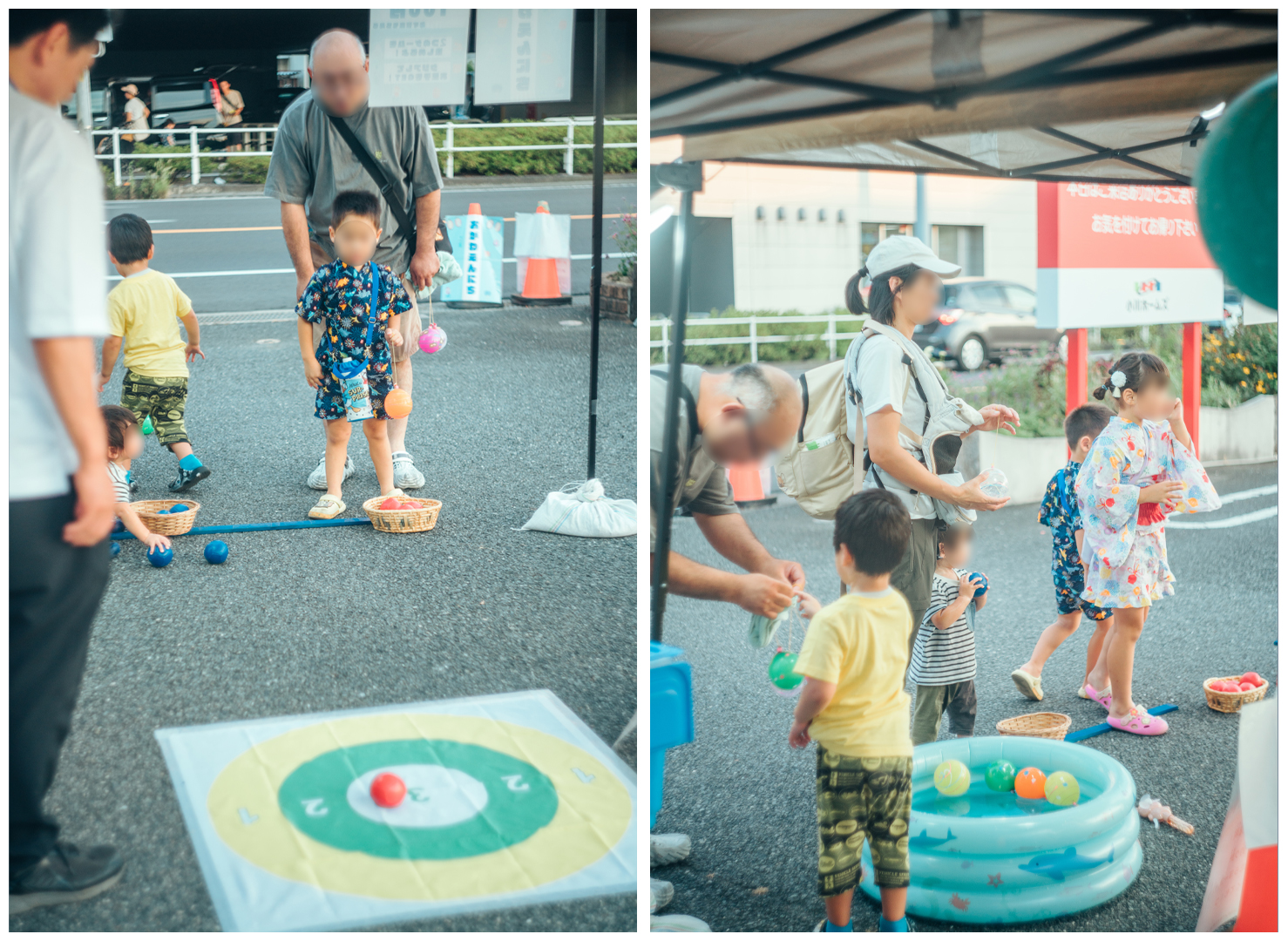 お手玉投げをする男の子 縁日を楽しむ家族