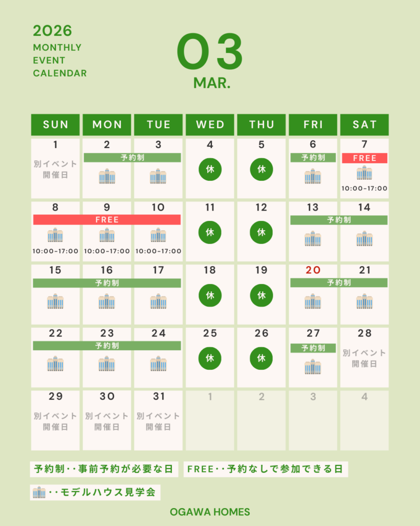 2026年3月ﾓﾃﾞﾙﾊｳｽ見学会のｲﾍﾞﾝﾄｶﾚﾝﾀﾞｰ 3/7~10はﾌﾘｰ入場日 3/1､3/28~31は別ｲﾍﾞﾝﾄ開催日 水木は休業日 それ以外の日は予約制